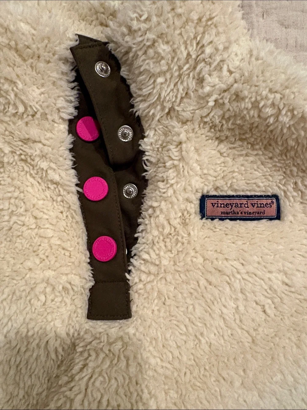 Vineyard Vines Cream Sherpa Pullover with Pink Snap Accents